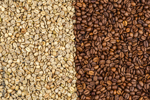 Raw and roasted coffee. Background