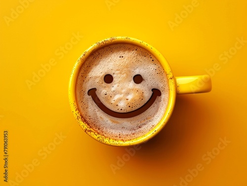 A cup of coffee in a vibrant yellow mug, the foam smiling back at you, a delightful expression of happiness