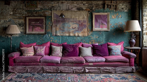   A room features a couch generously dotted with pillows, a plush rug beneath foot, and paintings adorning the walls