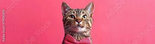 A dapper cat in a bowtie, with its whiskers prominently displayed against a cheerful pink backdrop