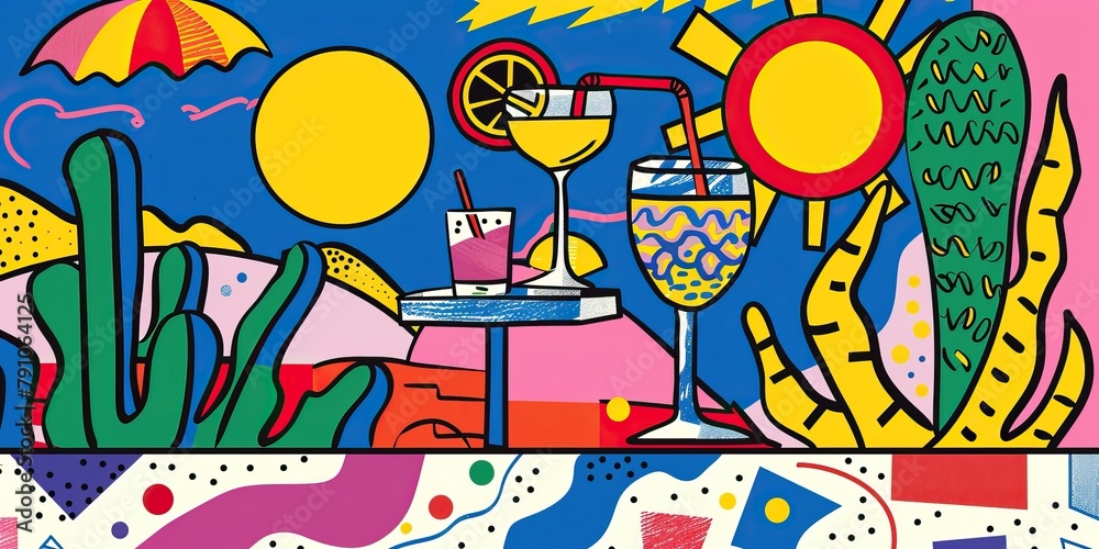 Fototapeta premium Summer theme flat colorful cartoon style background. Modern exotic floral jungle pattern. Collage contemporary background. Hand drawn summer elements. High quality AI generated image