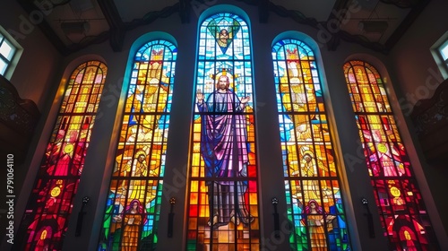 Serene religious setting colorful stained glass and moving apostle statue in catholic church