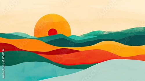 Creative minimalist flat illustrations of landscape modern art. Summer background. Natural abstract landscape background. Mountain, forest, sea, sky, sun, and river. High quality AI generated image