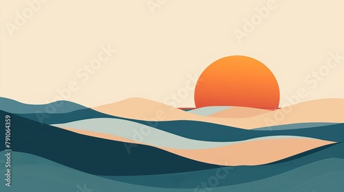 Creative minimalist flat illustrations of landscape modern art. Summer background. Natural abstract landscape background. Mountain, forest, sea, sky, sun, and river. High quality AI generated image