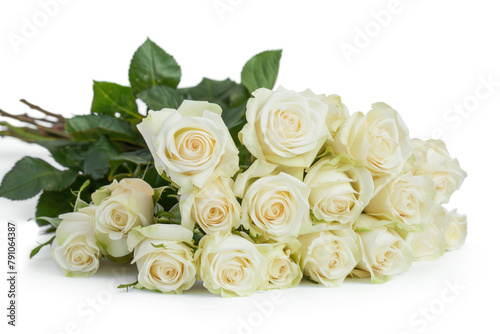 A bouquet of white roses is displayed on a white background