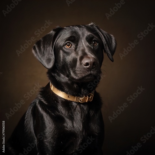 Schattenwächter: Ein Hundeporträt im goldenen Licht, eleganter schwarzer Hund mit goldenem Halsband photo