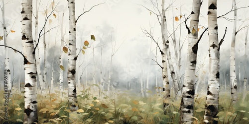 Silver bitch forest trees at wutumn season. Nature outdoor landscape background drawing painting scene