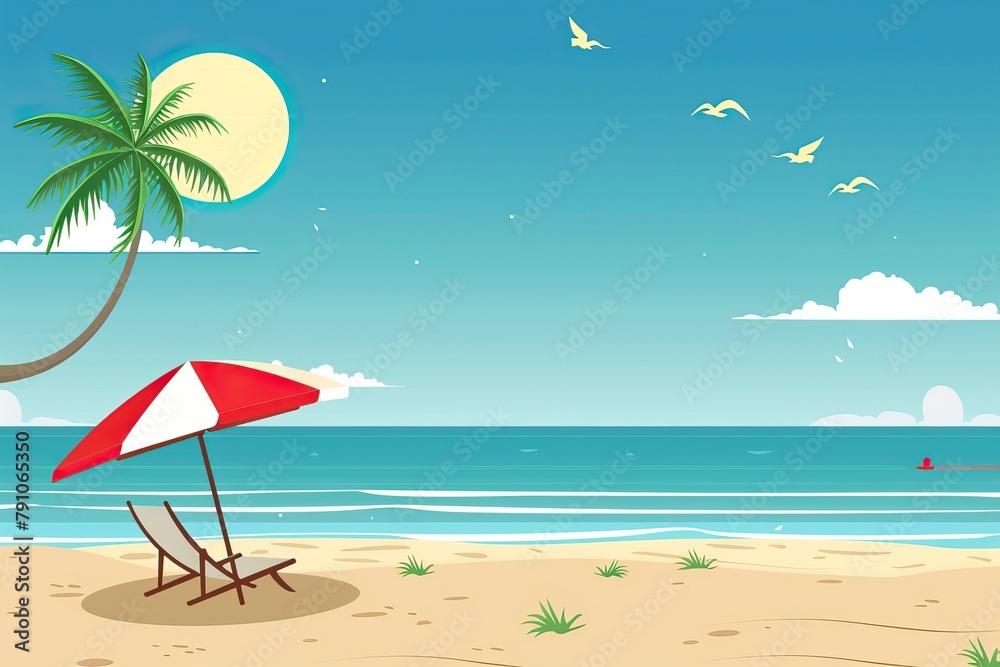 Beautiful sea summer or spring cartoon style background. Golden sand beach with blue ocean and cloudscape. Summer theme background. High quality AI generated image Beautiful sea summer or spring cartoon style background. Golden sand beach with blue ocean and cloudscape. Summer theme background. High quality AI generated image