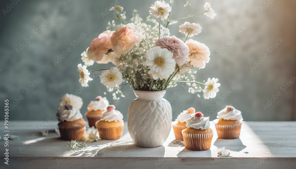 Sweet cupcakes with cream and beautiful flowers in vase on table. Sweet pastry. Vintage background