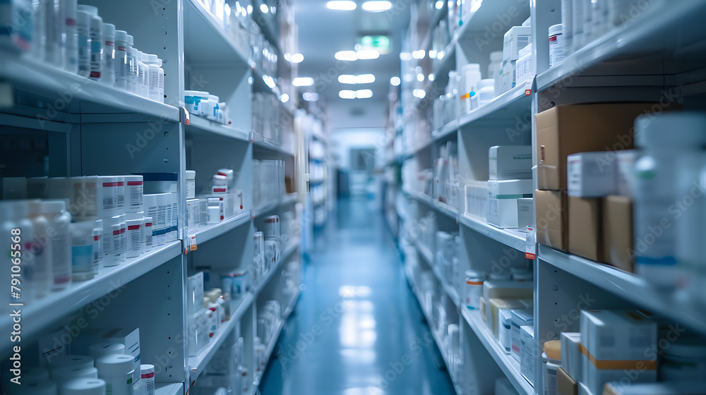 blurred hospital pharmacy, showcasing the shelves stocked with medications, the compounding area, and the diligent work of pharmacists