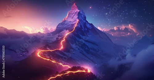 A mountain with a glowing path leading to the top