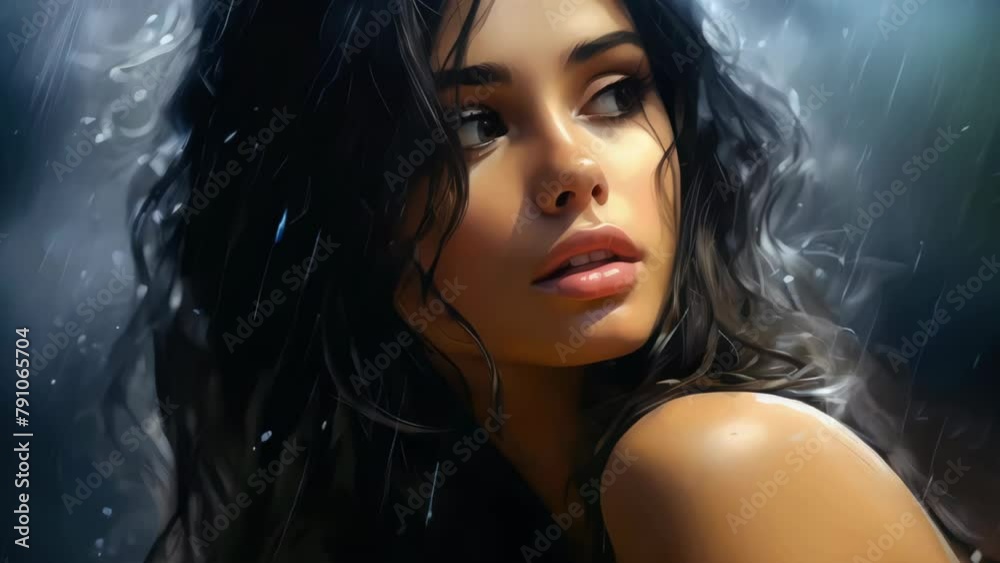 A woman with long hair is standing in the rain A woman with long hair is standing in the rain