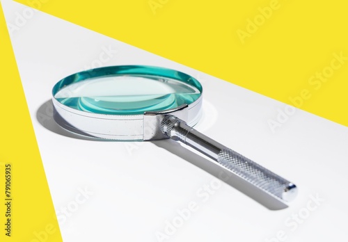 Glass magnifier, search concept. Zoom, investigate object, detective mystery. Analysis, abstract