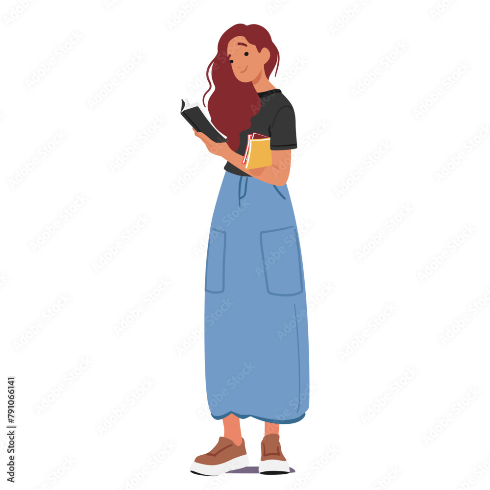 Young Woman Stands, Engrossed In Book, Her Eyes Tracing The Pages With Intensity, Lost In The World Of Words Young Woman Stands, Engrossed In Book, Her Eyes Tracing The Pages With Intensity, Lost In The World Of Words