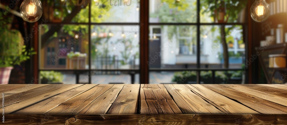A wooden table with nothing on it and a blurred glass window background for showcasing your products.