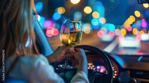 Woman driving with a glass of alcohol. Drunk driving concept. Backdrop with selective focus and copy space photo