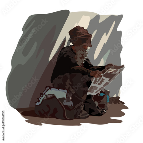 Sunlit street person reading newspaper