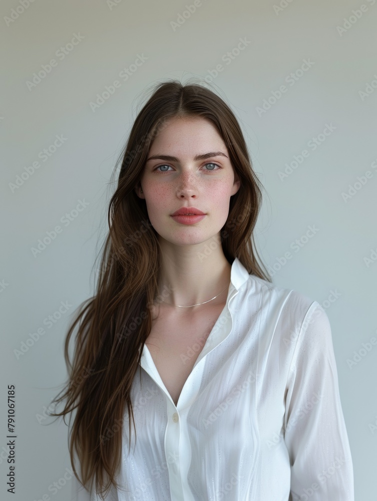 Young attractive European woman on a gray background wearing white business clothes. Style and fashion, female beauty. Young attractive European woman on a gray background wearing white business clothes. Style and fashion, female beauty.