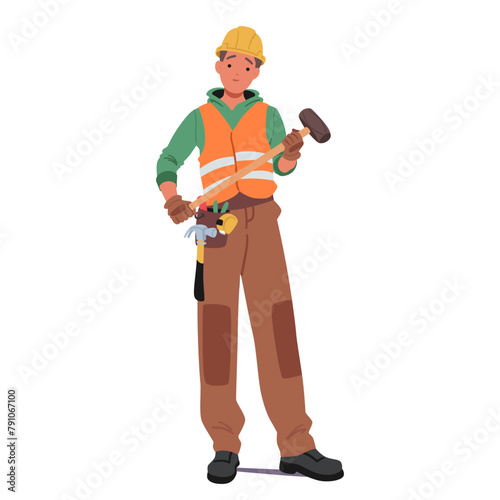 Character Construction Worker Stands Tall, Gripping Hammer, Ready For Task Ahead, Muscles Tense, Determination In Gaze