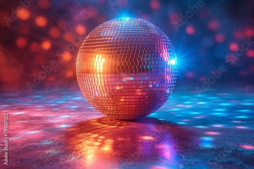 Disco ball is lit up with bright colors and is sitting on a dark floor surrounded by a colorful, glowing light that creates a fun and energetic atmosphere