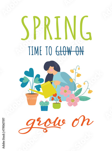 Spring post card with vector illustration of girl with flowers