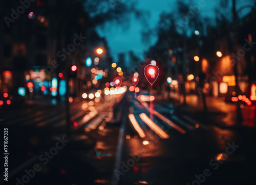 Marcador de GPS brilhando à noite na cidade - Gerado por IA photo