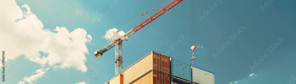 A towering crane at work under a blue sky, placing modular units precisely, transforming the landscape of modern construction - obrazy, fototapety, plakaty 