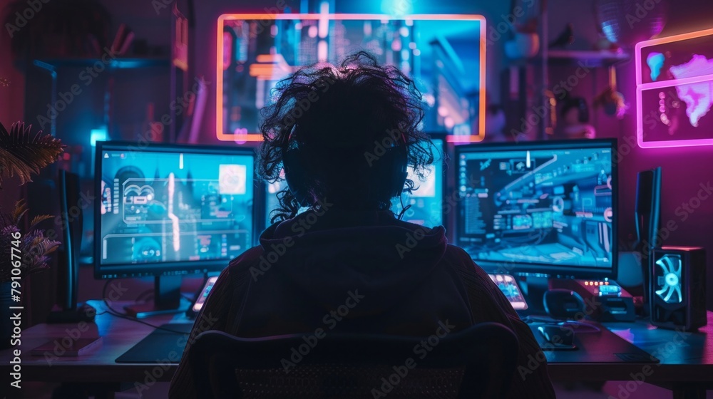 A user in a dark room lit only by the neon glow from their cyberdeck screen, immersed in futuristic technology A user in a dark room lit only by the neon glow from their cyberdeck screen, immersed in futuristic technology