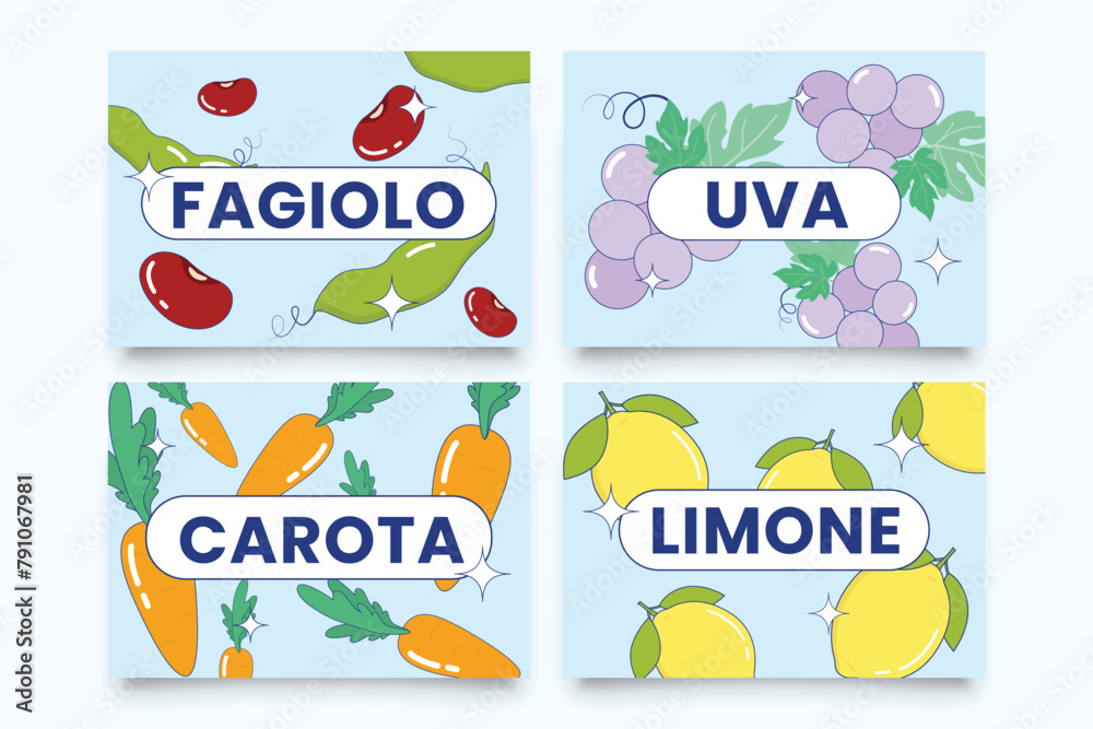 vector flashcards with cartoon food beans grapes carrot lemon graphic illustration for kids