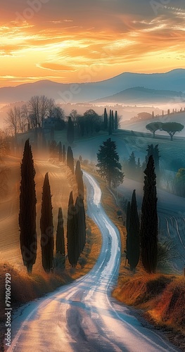empty winding road in the middle of nowhere of Tuscany Italy, cypress trees, sunrise, illustration made with Generative Ai