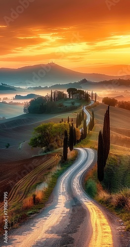 empty winding road in the middle of nowhere of Tuscany Italy, cypress trees, sunrise, illustration made with Generative Ai