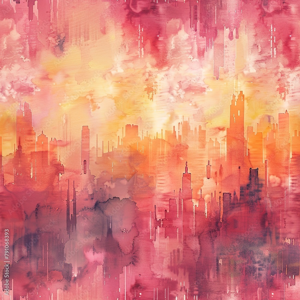 Seamless pattern tile of urban sunrises, watercolor style, showing the city waking up in soft, glowing hues. Seamless Pattern, Fabric Pattern, Tumbler Wrap, Mug Wrap.