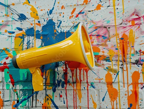 A yellow megaphone lies against a backdrop of paint splashes, symbolizing a bold and creative announcement © ParinApril