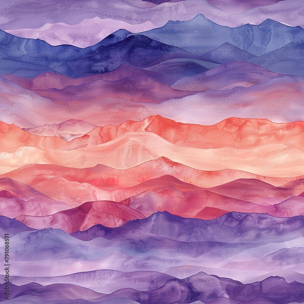 Seamless pattern tile capturing the serene beauty of mountain sunsets in watercolor, with soft, fading light.Seamless Pattern, Fabric Pattern, Tumbler Wrap, Mug Wrap.