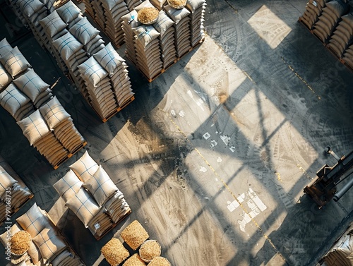 Aerial view of a warehouse with pallets loaded with heavy sacks, a systematic arrangement showcasing efficient storage solutions