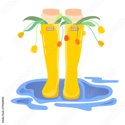 isolated yellow gumboots with yellow tulips. simple vector art