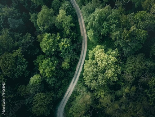 An aerial view of a winding forest road, enveloped by lush greenery, epitomizing tranquility and natures embrace