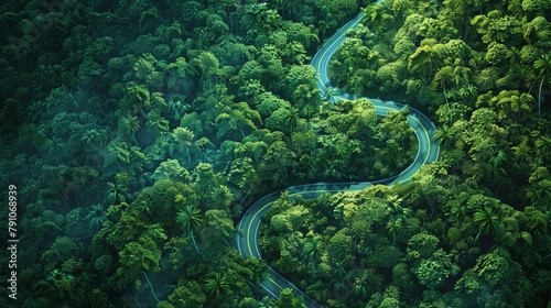 An aerial perspective of a forest road  a ribbon of tranquility winding through lush  vibrant greenery