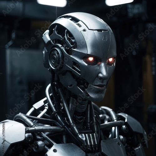 Filmische Nahaufnahme eines komplexen humanoiden Mechanik-KI © PixelArtWork