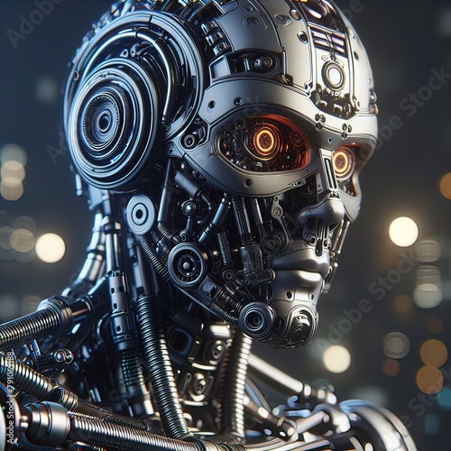 Filmische Nahaufnahme eines komplexen humanoiden Mechanik-KI photo