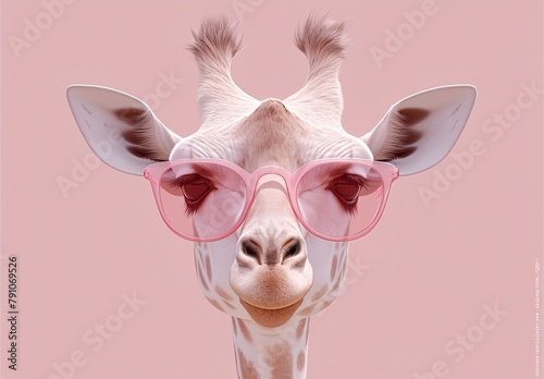 A giraffe wearing pink sunglasses and fashion outfit, posing for the camera against a solid pastel background. 
