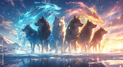 A group of wolves standing in front, five different colored wolf's facing the camera, misty background, fantasy art style painting 