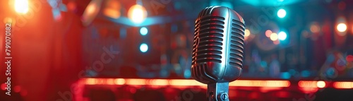 Closeup of a retro microphone in a vibrant music club, the air buzzing with the echoes of classic tunes