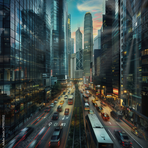 Skyline of the modern city architecture and skyscrapers during heavy transportation traffic rush hour