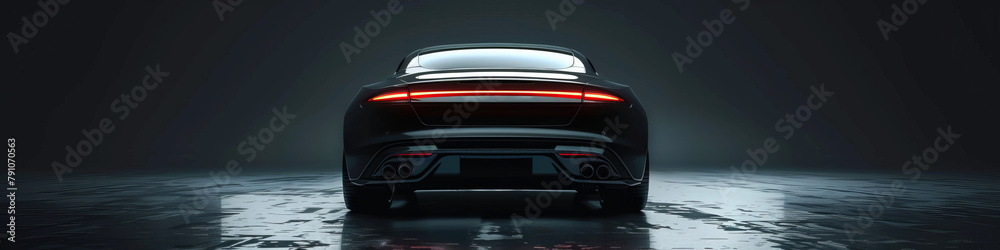 Fototapeta premium Luxury expensive black car parked on black background. Sport and modern luxury design car. Shiny clean lines and detailed front view of modern automotive. Automotive advertising banner