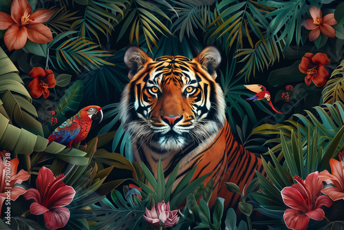Tropical Jungle Illustration  Wildlife and Exotic Flora for Interior Design
