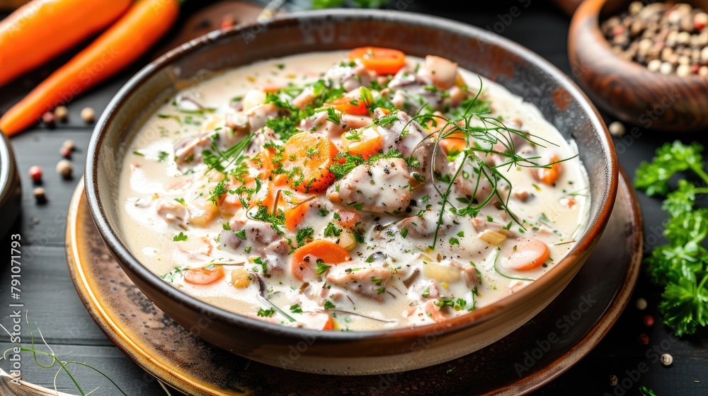 Creamy sauce with vegetables served with chicken liver Creamy sauce with vegetables served with chicken liver