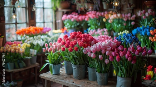  A table bears numerous tulips surrounded by additional tulips