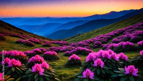 Beautiful rhododendron flowers over sunset mountains field landscape.