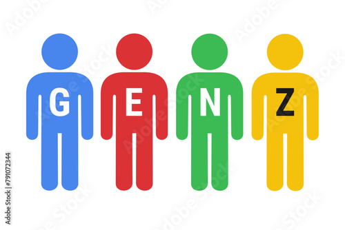 Gen Z and Generation Z - social and demographic group of young adults and teenagers. People in colorful and vibrant colors. Simple symbol, sign and pictogram. Vector illustration isolated on white.